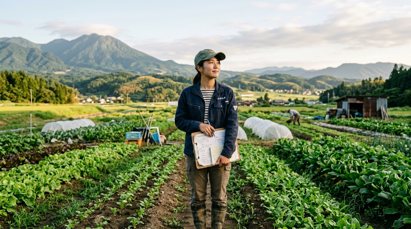 鳥取の豊かな農地と山並みを背景に就農計画を確認する新規就農者